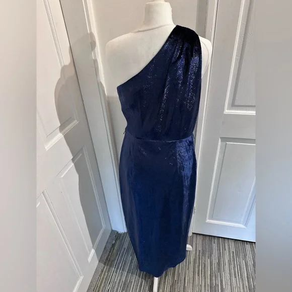 TED Baker Size 3 Navy One Shoulder Drape Midi Dress - Picture 8 of 17